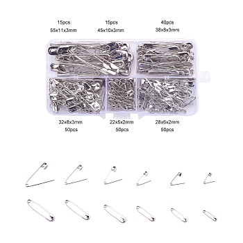 00#~4# Iron Safety Pins Sets, Platinum, 22~55x5~11x2~3mm, Pin: 0.3~1mm