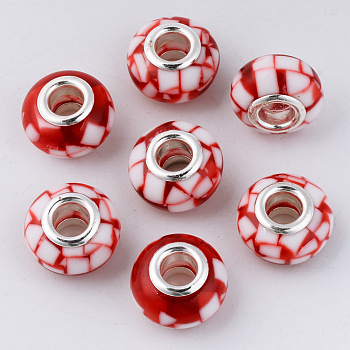 Resin European Beads, Large Hole Beads, with Platinum Tone Brass Double Cores, Rondelle, FireBrick, 14x9mm, Hole: 5mm