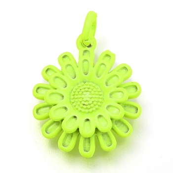 Spray Painted Brass Pendants, with Jump Rings, Sunflower, Green Yellow, 17x14.5x3.5mm, Hole: 3mm