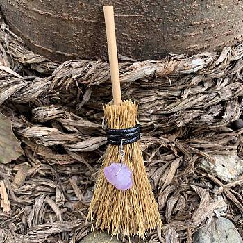 Halloween Theme Mini Witch Broom Party Decoration, with Amethyst, Decorative Props for Garden, Home, Wheat, 100mm