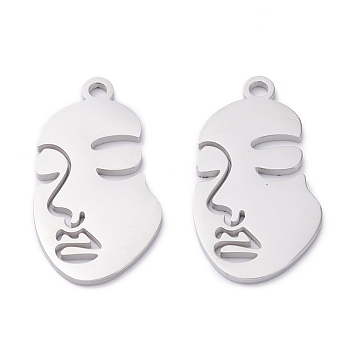 304 Stainless Steel Pendants, Abstract Face, Stainless Steel Color, 28x15x1.5mm, Hole: 2mm