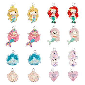 40Pcs 8 Styles Opaque & Transparent Resin Pendants, with Platinum Tone Iron Loops and Glitter Powder, Mermaid & Heart & Shell, Mixed Shapes, Mixed Color, 16.5~28x14~18.5x5.5~7mm, Hole: 1.8~2mm, 5pcs/style