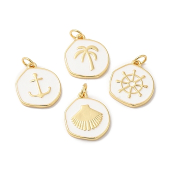 Rack Plating Brass Enamel Pendants, Long-Lasting Plated, Cadmium Free & Lead Free, Real 18K Gold Plated, Flat Round Charm, Mixed Shapes, 18x15.5x2mm, Hole: 3.4mm
