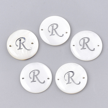 Freshwater Shell Links connectors, with Brass Findings, Flat Round, Platinum, Letter.R, 20~21x3mm, Hole: 1.2mm
