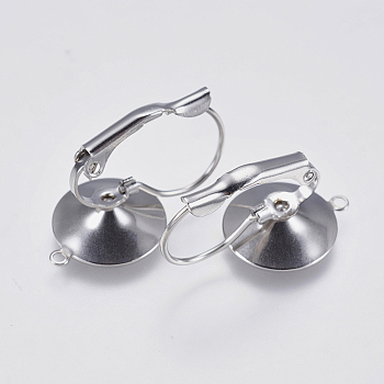 304 Stainless Steel Leverback Earring Settings, with Loop, Flat Round, Stainless Steel Color, 23x12.5x12mm, Hole: 1mm, Pin: 0.7mm, Tray: 12mm