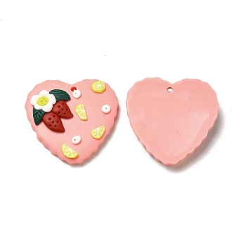Handmade Polymer Clay Pendants, Heart with Strawberry & Lemon Slices Charm, Pink, 28x29x6mm, Hole: 1.8mm