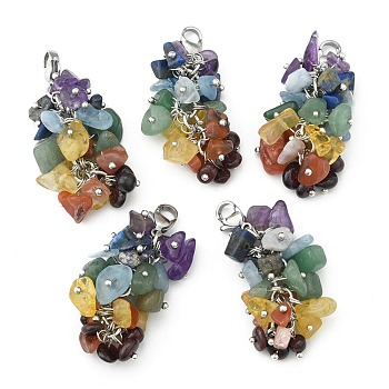 Natural Chip Gemstone Pendant Decorations, with Brass Lobster Claw Clasps, Platinum, Mixed Color, 50x15mm