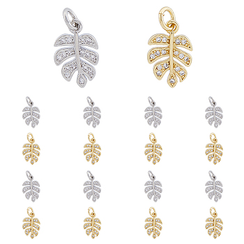 16Pcs 2 Colors Brass Micro Pave Clear Cubic Zirconia Charms, Monstera Leaf Charm, with Open Jump Rings, Platinum & Golden, 13x8.2x1.5mm, Hole: 3mm, 8pcs/color