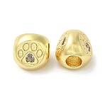 Rack Plating Brass Micro Pave Cubic Zirconia European Beads, Long-Lasting Plated, Lead Free & Cadmium Free, Bean, Real 18K Gold Plated, Paw Print, 11x11x12mm, Hole: 5mm(KK-F854-02G-03)