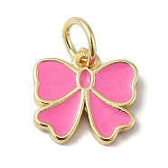 Rack Plating Brass Enamel Charms, with Jump Ring, Long-Lasting Plated, Lead Free & Cadmium Free, Real 18K Gold Plated, Bowknot Charm, Hot Pink, 9.5x10x1.5mm, Hole: 3.5mm(KK-B092-13G-01)