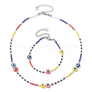Resin Evil Eye & Glass Seed Beaded Jewelry Set, Beaded Necklaces & Bracelets, Blue, Necklaces: 19~19-1/8 inch(48.2~48.5cm); Bracelets: 10-1/8~10-3/8 inch(25.7~26.5cm)(SJEW-MZ00002)