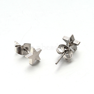 304 Stainless Steel Ear Studs, Hypoallergenic Earrings, Star, Stainless Steel Color, 7x7x1.3mm, Pin: 0.8mm(EJEW-P045-05P)