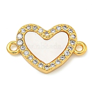 Rack Plating Brass Micro Pave Clear Cubic Zirconia Heart Links Connector Charms with Shell, Real 18K Gold Plated, Lead Free & Cadmium Free, Long-Lasting Plated, White, 10x16x2mm, Hole: 1.2mm(KK-Z063-26G)