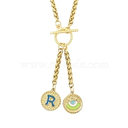 Ion Plating(IP) 304 Stainless Steel Sky Blue Enamel Letter & Eye Pendant Wheat Chain Necklaces, with Toggle Clasps, Golden, Letter R, 20.47~20.87 inch(52~53cm)(STAS-Z102-01G-R)