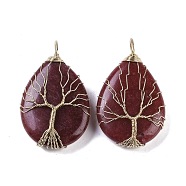 Natural White Jade Dyed Big Pendants, Teardrop Charms with Copper Wire Wrapped Tree, Golden, Dark Red, 49~51.5x31x10~11mm, Hole: 6x5.5mm(KK-F868-30G-03)