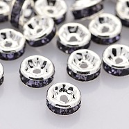 Brass Rhinestone Spacer Beads, Grade AAA, Straight Flange, Nickel Free, Silver Color Plated, Rondelle, Tanzanite, 5x2.5mm, Hole: 1mm(RB-A014-Z5mm-18S-NF)