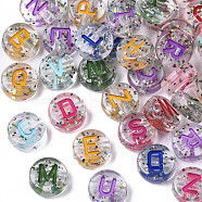 Transparent Acrylic Beads, Horizontal Hole, with Glitter Powder & Enamel, Flat Round with Mixed Letters, Mixed Color, 10x5mm, Hole: 2mm, about 1560pcs/500g(MACR-N008-29)