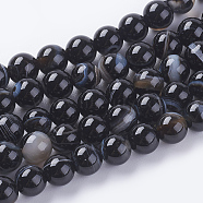 Round Dyed Natural Striped Agate/Banded Agate Beads Strands, Black, 6mm, Hole: 1mm, about 62pcs/strand, 14.8 inch(X-G-G582-6mm-07)