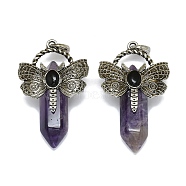 Natural Amethyst Faceted Pointed Bullet Big Pendants, Rack Plating Antique Silver Plated Alloy Butterfly Charms, Cadmium Free & Lead Free, 54x33.5x18.5~19mm, Hole: 6.5x7.5mm(G-Q165-01AS-01)