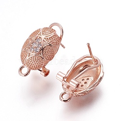 Brass Micro Pave Cubic Zirconia Stud Earring Findings, with Loop, Oval, Rose Gold, 18x11x12mm, Hole: 1.8mm, Pin: 0.7mm(KK-O121-07RG)