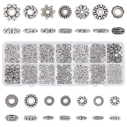480Pcs 14 Styles Tibetan Style Alloy Spacer Beads, Cadmium Free & Lead Free, Rondelle & Flower & Flat Round, Mixed Shapes, Antique Silver, 5.5~10x1.5~4mm, Hole: 1~4mm, 480pcs/box(TIBE-PH0002-13)