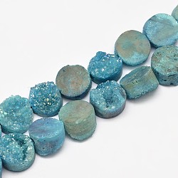 Flat Round Electroplated Natural Druzy Quartz Crystal Beads Strands, AB Color, Dyed, Sky Blue, 10.5x6~8mm, Hole: 1mm, about 20pcs/strand, 8 inch(G-A141-10mm-A01)