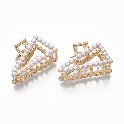 (Holiday Stock-Up Sale)Alloy Claw Hair Clips, with ABS Plastic Imitation Pearl, Triangle, Light Gold, White, 50x30x23.5mm(PHAR-T001-08LG)