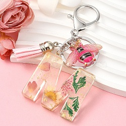 Resin & Acrylic & Faux Suede Tassel Keychain, with Alloy Clasp and Iron Rings, Letter M, 10cm(KEYC-YW00125-13)