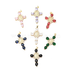 Rack Plating Brass Micro Pave Cubic Zirconia Pendants, Cadmium Free & Lead Free, Real 18K Gold Plated, Cross with Saint, Mixed Color, 45.5x29x6mm, Hole: 4x6mm(ZIRC-I059-15G)