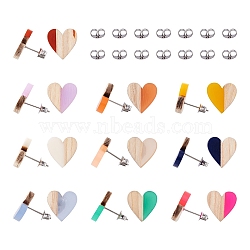 10 Pair 10 Color Transparent Resin & Wood Stud Earring Findings, with 30Pcs 304 Stainless Steel Ear Nuts, Heart, Mixed Color, 6x4x3mm, Hole: 0.7mm, 1pair/color(DIY-FW0001-08)