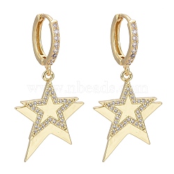 Brass Micro Pave Cubic Zirconia Huggie Hoop Earrings, Long-Lasting Plated, Star, Clear, Real 18K Gold Plated, 38.5mm, Pin: 1mm(EJEW-K083-19G-B)