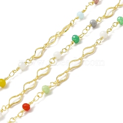 Handmade Eco-friendly Brass Leaf Link Chain, with Glass Beaded, Long-Lasting Plated, Golden, Soldered, with Spool, Colorful, 10x5x0.8mm(CHC-E023-15G)