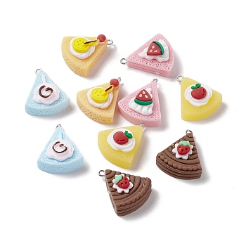 Opaque Imitation Food Resin Pendants, with Platinum Tone Iron Loops, Triangle Cake Charms, Mixed Color, 28x23.5~24x11~13mm, Hole: 2mm