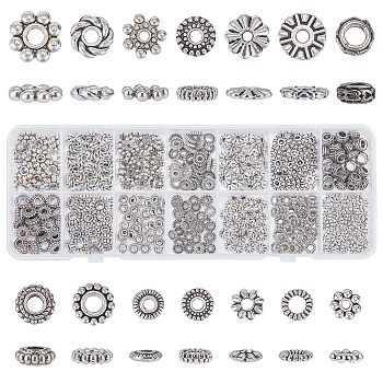 480Pcs 14 Styles Tibetan Style Alloy Spacer Beads, Cadmium Free & Lead Free, Rondelle & Flower & Flat Round, Mixed Shapes, Antique Silver, 5.5~10x1.5~4mm, Hole: 1~4mm, 480pcs/box