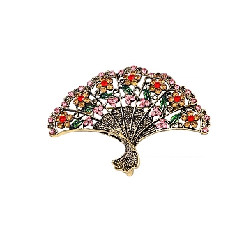 Fan Rhinestone Pins, Antique Golden Tone Alloy Brooch for Backpack Clothes, Colorful, 47x65mm