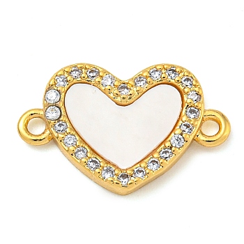 Rack Plating Brass Micro Pave Clear Cubic Zirconia Heart Links Connector Charms with Shell, Real 18K Gold Plated, Lead Free & Cadmium Free, Long-Lasting Plated, White, 10x16x2mm, Hole: 1.2mm