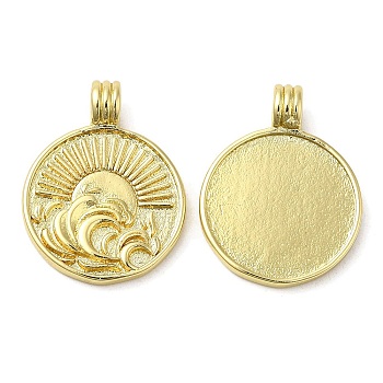 Rack Plating Brass Pendants,  Lead Free & Cadmium Free, Long-Lasting Plated, Flat Round, Real 18K Gold Plated, Wave, 23x17.5x2~5mm, Hole: 3mm