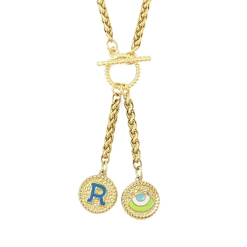 Ion Plating(IP) 304 Stainless Steel Sky Blue Enamel Letter & Eye Pendant Wheat Chain Necklaces, with Toggle Clasps, Golden, Letter R, 20.47~20.87 inch(52~53cm)