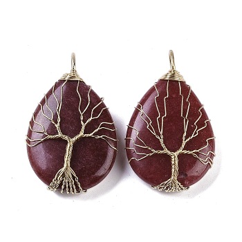 Natural White Jade Dyed Big Pendants, Teardrop Charms with Copper Wire Wrapped Tree, Golden, Dark Red, 49~51.5x31x10~11mm, Hole: 6x5.5mm