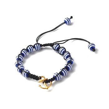 Strip Round Resin Braided Bead Bracelet for Teen Girl Women, Anchor Alloy Charm Bracelet, Blue, Inner Diameter: 2~3-1/2 inch(5~8.8cm)