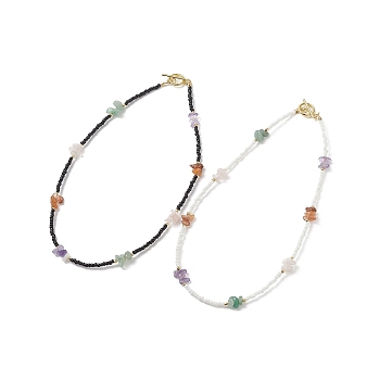2Pcs 2 Style Natural Mixed Gemstone Chips & Glass Seed Beaded Necklaces Set for Women, Mixed Color, 18.50 inch(47cm), 1Pc/style