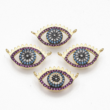 Brass Micro Pave Cubic Zirconia Links connectors, Eye, Colorful, Golden, 12.5x21.5x3mm, Hole: 1mm