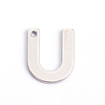 304 Stainless Steel Letter Charms, Letter.U, 11x9x0.8mm, Hole: 1mm