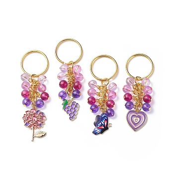 4Pcs Grape/Flower/Heart/Butterfly Alloy Enamel Pendant Keychain, with Acrylic Beads, for Car Bag Pendant Decoration Key Chain, Blue Violet, 8.5cm