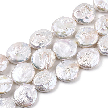 Natural Baroque Pearl Keshi Pearl Beads Strands, Large Coin Pearl Beads, Cultured Freshwater Pearl, Flat Round, Seashell Color, 18~19.5x5~10mm, Hole: 0.8mm, about 17pcs/strand, 14.84 inch~15.55 inch(37.7~39.5cm)