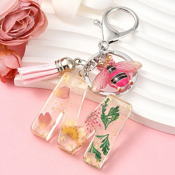 Resin & Acrylic & Faux Suede Tassel Keychain, with Alloy Clasp and Iron Rings, Letter M, 10cm