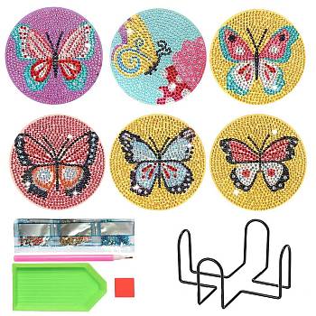 DIY Diamond Painting Coaster Kits, including Resin Rhinestones, Diamond Sticky Pen, Tray Plate & Glue Clay, Butterfly, 100mm, 6pcs/set