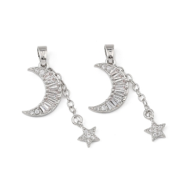 Brass Micro Pave Clear Cubic Zirconia Pendants, Moon with Star Charms, Rack Plating, Long-Lasting Plated, Cadmium Free & Lead Free, Platinum, 31mm, Hole: 2.5x4mm
