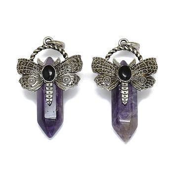 Natural Amethyst Faceted Pointed Bullet Big Pendants, Rack Plating Antique Silver Plated Alloy Butterfly Charms, Cadmium Free & Lead Free, 54x33.5x18.5~19mm, Hole: 6.5x7.5mm