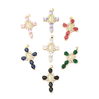 Rack Plating Brass Micro Pave Cubic Zirconia Pendants, Cadmium Free & Lead Free, Real 18K Gold Plated, Cross with Saint, Mixed Color, 45.5x29x6mm, Hole: 4x6mm